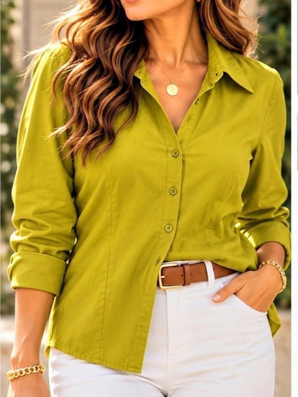 Worthington Stretch Chartreuse Button Down Blouse Plus Size 18